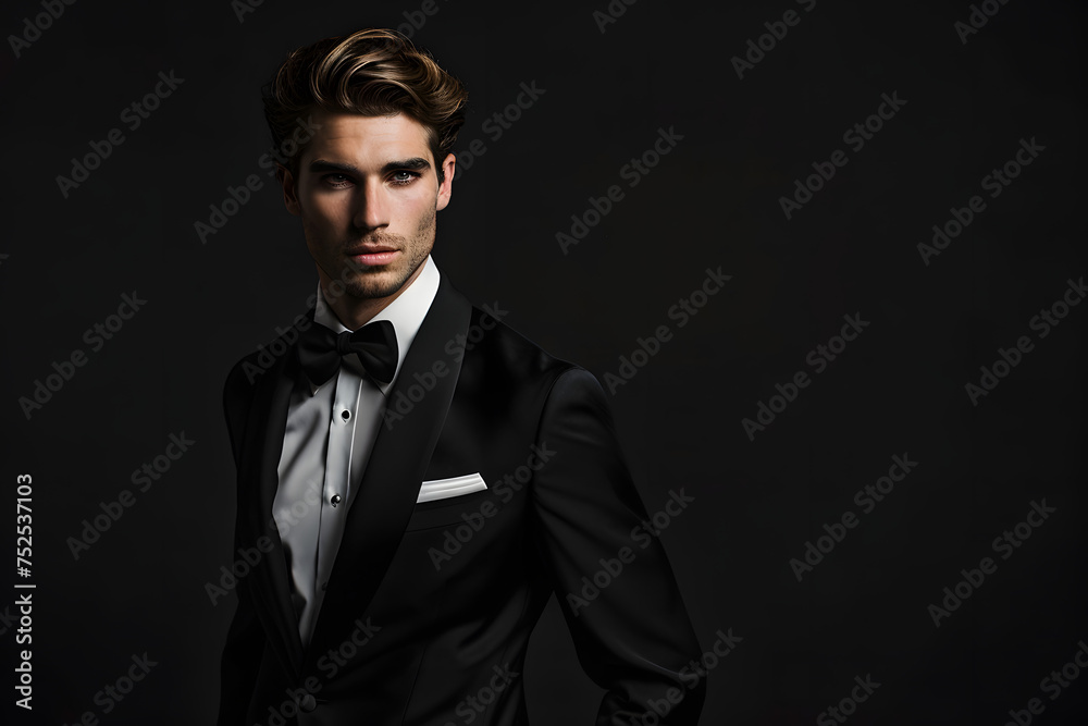 male model in a tuxedo, isolated on a sophisticated black background, exuding elegance and style male model in a tuxedo, isolated on a sophisticated black background, exuding elegance and style