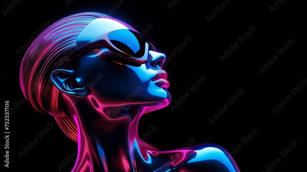 Futuristic woman in neon lights on a black background, 3D rendering illustration in sci-fi futuristic style, cyber punk woman, Vaporwave visual art style Futuristic woman in neon lights on a black background, 3D rendering illustration in sci-fi futuristic style, cyber punk woman, Vaporwave visual art style