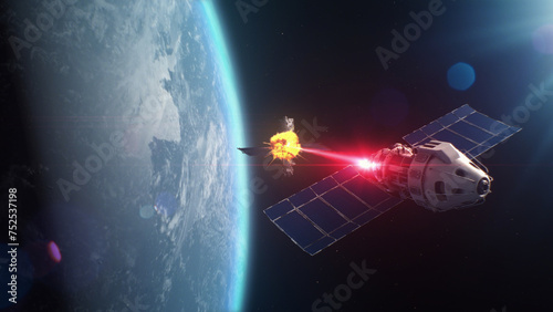 3D VFX rendering of satellite attacking another satellite with laser weapon in space on Earth planet orbit. Escalation of political conflict and arms race in cosmos. Nuclear war and armed aggression. photo