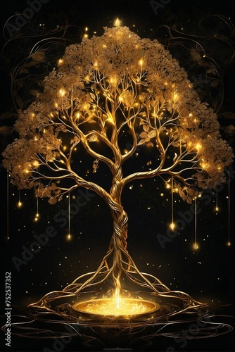 Obraz na płótnie Golden tree on a black background w salonie