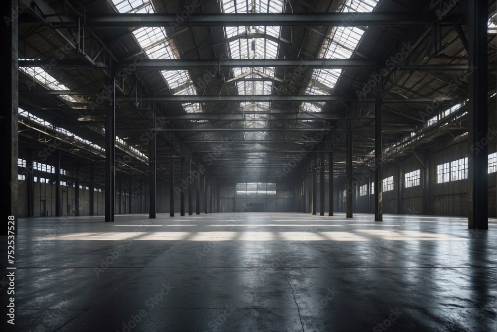 Large empty warehouse with numerous windows