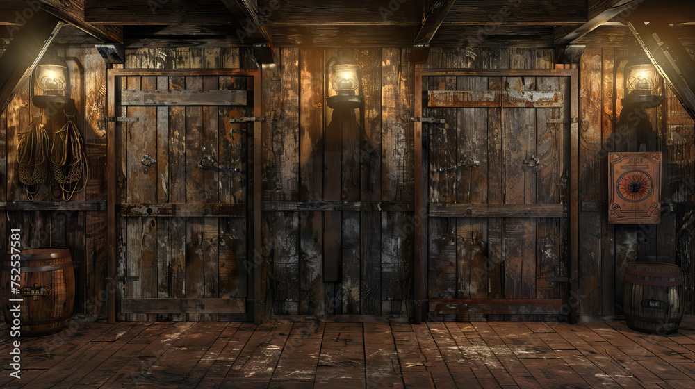 Wild West Saloon Stage: Old West with this rustic stage, featuring swinging doors, weathered wood paneling, and flickering oil lamps, evoking the ambiance of a frontier saloon straight out of a cowboy - obrazy, fototapety, plakaty 
