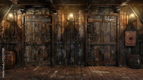 Wild West Saloon Stage: Old West with this rustic stage, featuring swinging doors, weathered wood paneling, and flickering oil lamps, evoking the ambiance of a frontier saloon straight out of a cowboy