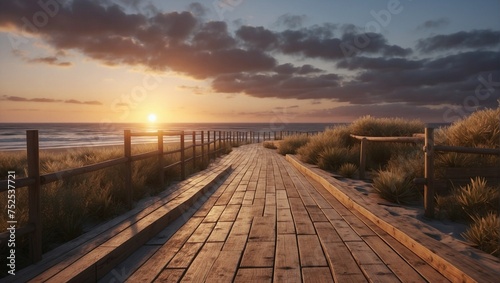 Path of neat wooden planks leading to the ocean beach at sunset © alexx_60