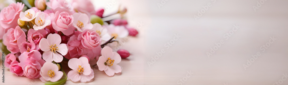 Bouquet of beautiful spring flowers top view. International Women Day. Flat lay. Background with copy space. Banner. Birthday, Wedding, Mother's Day, Valentine's day, Women's Day.
