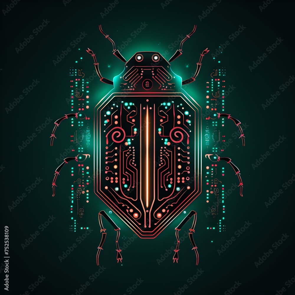 Fototapeta premium Abstract cybernetic beetle concept with circuit board design elements on dark background