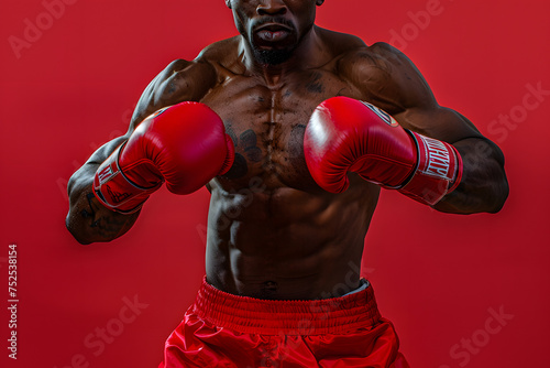 boxer with gloves up, isolated on a fighting spirit red background, symbolizing strength and determination