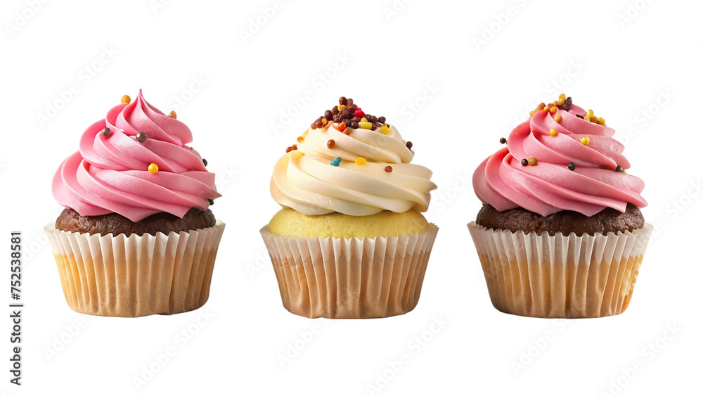 Cupcakes with frosting, vanilla and strawberry, and sprinkles, on transparent background