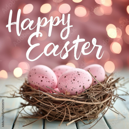This image features a rustic nest with speckled Easter eggs on a wooden surface  with a warm bokeh background  invoking a homely Easter celebration