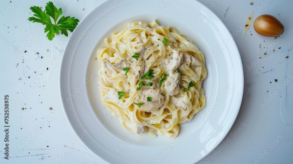 a pristine white plate, set against a backdrop of matching white background, desk, and wall, offering ample room for text or captions.