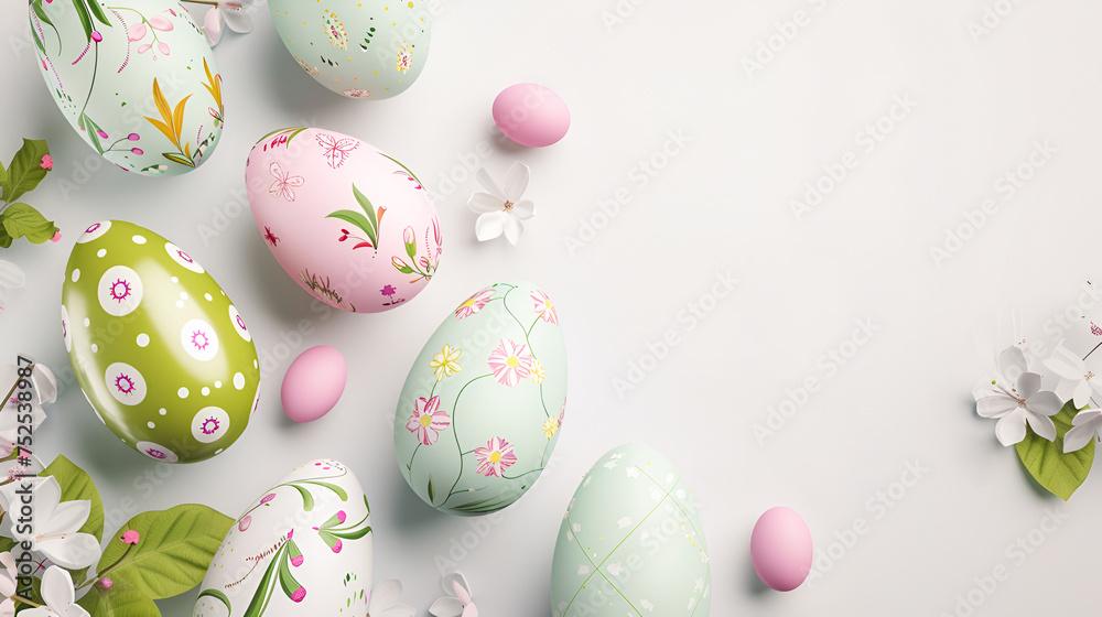 Top view background frame with Easter eggs of bright green and one-off colors and spring flowers on a light background with copy space