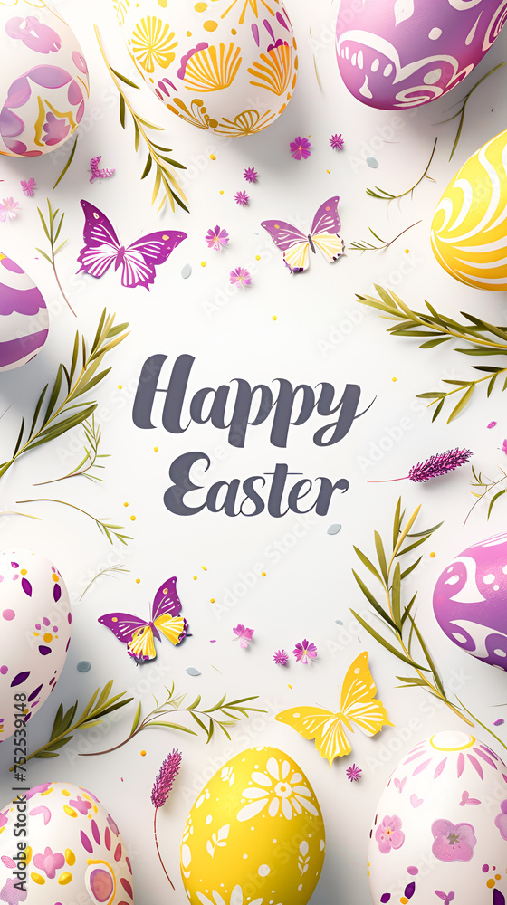 Vertical Easter frame background with burgundy and yellow Easter eggs and butterflies and spring flowers. congratulatory text Happy Esster in the center on a light background.