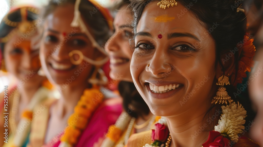 W kadrze widoczna jest grupa kobiet ubranych w tradycyjne indyjskie stroje, sari. Uśmiechają się i okazują radość oraz dumę z tradycji, które reprezentują. - obrazy, fototapety, plakaty 