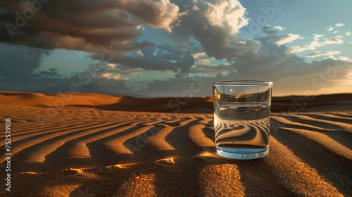 Szklanka wody stoi na piasku na plaży, rzucając cień na wydmy. Całość jest widoczna w świetle słońca. photo