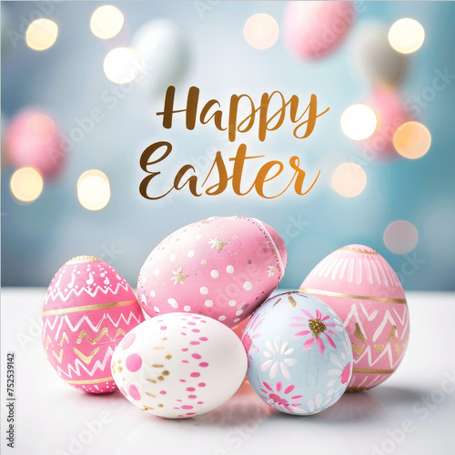 Elegant pastel Easter eggs are artistically decorated with various patterns, wishing 'Happy Easter' photo