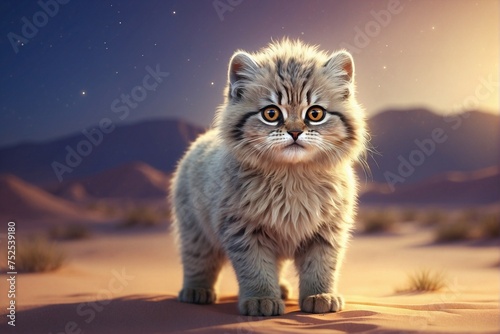 Cute little Pallas's Cat in the desert: Golden aura. photo