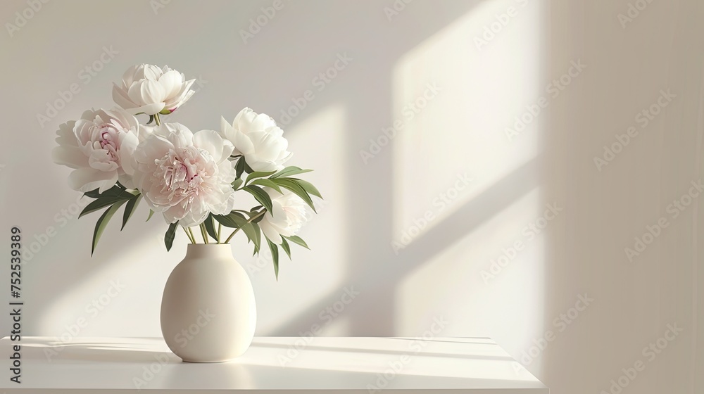a vase filled with exquisite peony flowers, resting gracefully on a table with abundant empty space, perfect for adding meaningful text or messages.