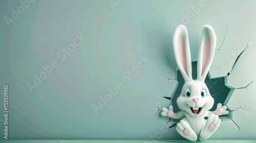 A smiling three-dimensional rabbit cartoon character breaks through a paper wall with excitement and surprise