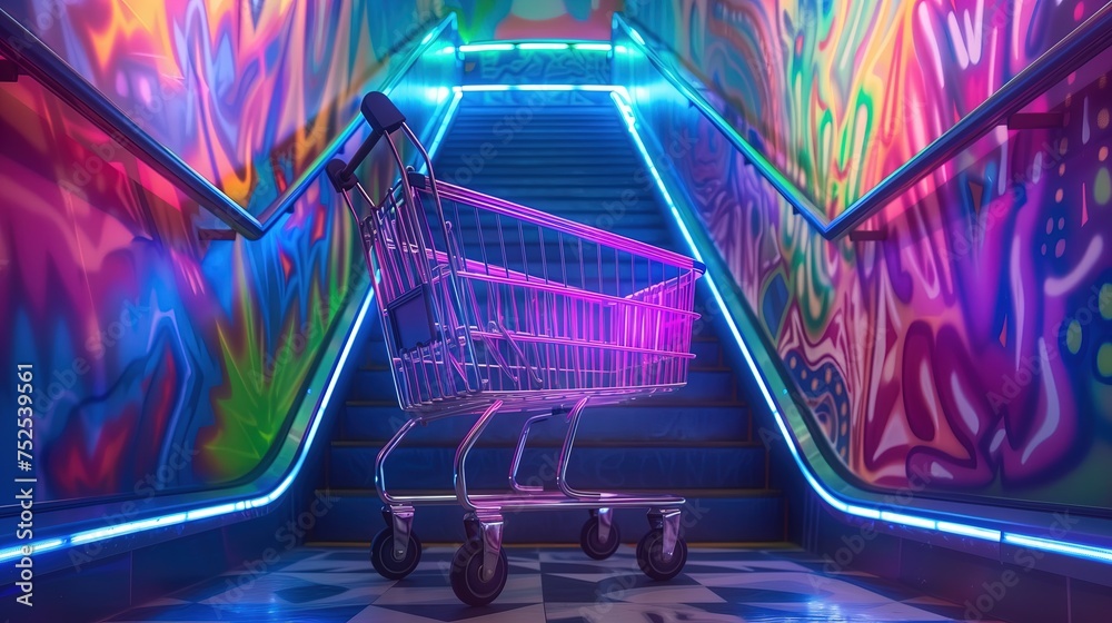 Wózek sklepowy stoi w jasno oświetlonym tunelu ze schodami, otoczony neonowymi światłami. Scena przedstawia codzienną aktywność zakupową w nietypowej przestrzeni. - obrazy, fototapety, plakaty 