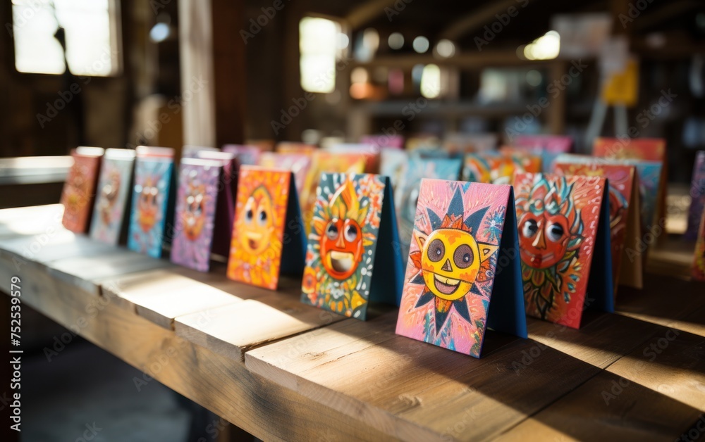 Colorful cards lined up neatly on a rustic wooden surface