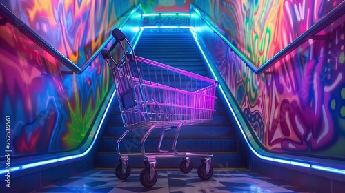 Wózek sklepowy stoi w jasno oświetlonym tunelu ze schodami, otoczony neonowymi światłami. Scena przedstawia codzienną aktywność zakupową w nietypowej przestrzeni.