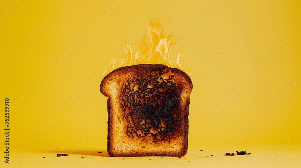 Na kawałku tosta widoczne są płomienie, które wydobywają się z jednej strony chleba. Całość znajduje się na tle żółtego tła. - obrazy, fototapety, plakaty 
