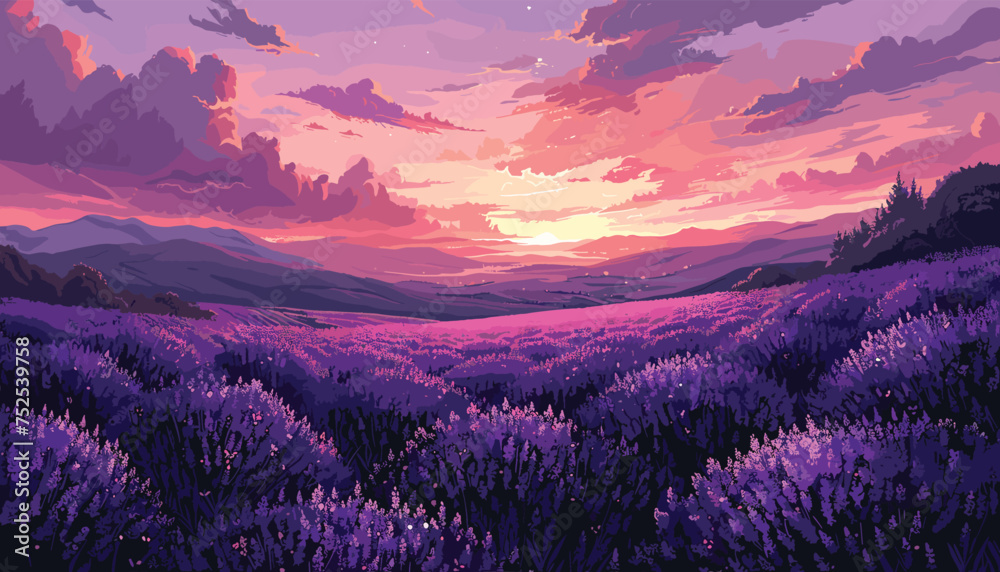 Lavender Fields in Pastel, lavender illustration, pastel colors, field of flowers design vector illustration background - obrazy, fototapety, plakaty 