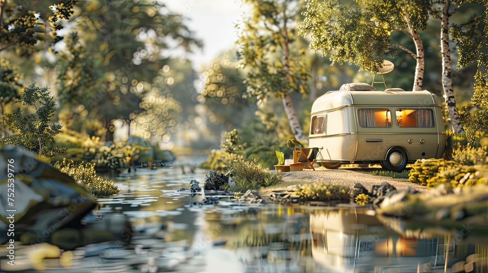 caravan camping, as depicted in a lifelike photograph featuring a caravan nestled in a picturesque camping site, inviting relaxation and exploration. - obrazy, fototapety, plakaty 
