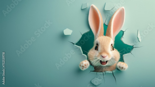 A playful rendition of a cute rabbit peeking out from a freshly torn hole in a teal-colored background, evoking surprise and curiosity