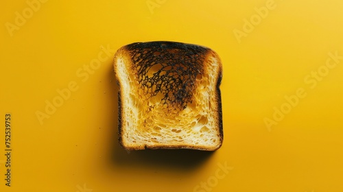 Na zdjęciu widać kawałek chleba, który leży na żółtej powierzchni. Chleb wygląda na przypalony z jednej strony.