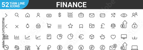 Business icons set on transparent background. Interface icon set. Thin line icons for business, marketing, payments elements symbols. Currency, money, bank, cryptocurrency, check, wallet, balance