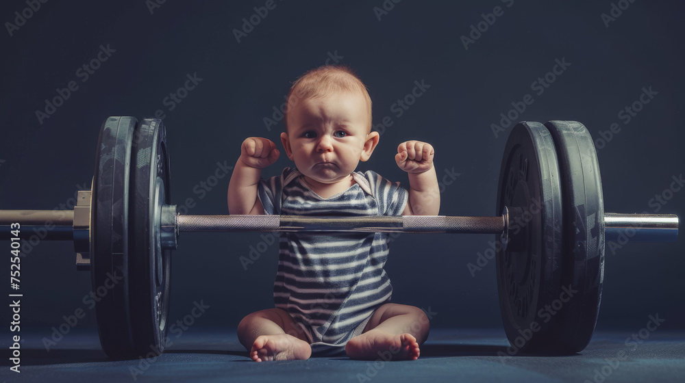 An engaging photo of a baby in striped clothes attempting to lift a barbell, looking serious and strong - obrazy, fototapety, plakaty 