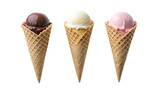 Ice cream in waffle cones with chocolate, vanilla and strawberry, on transparent background