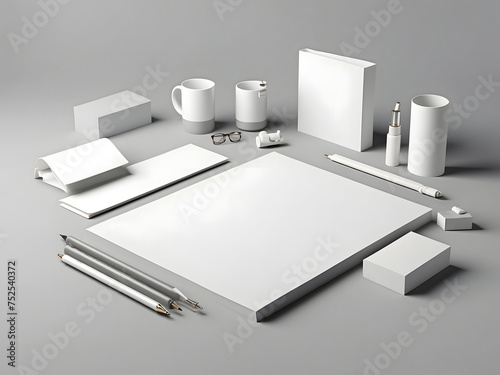 White stationery mock-up template for branding identity on a grey background for graphic designers' presentations and portfolios. 3D rendering photo
