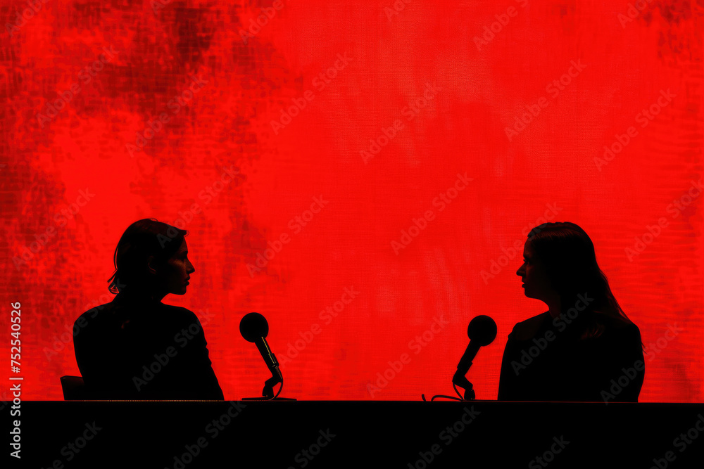 Two women are sitting in front of a red background, with microphones in front of them. Scene is serious and focused, as the women are likely discussing a topic or recording a podcast