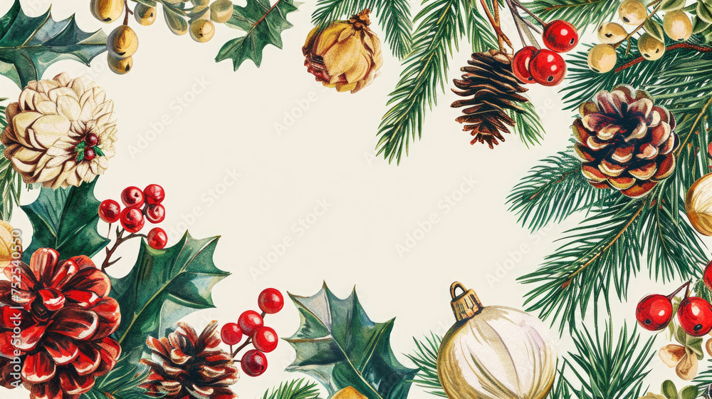 A white background with a Christmas tree and berries. The tree is surrounded by a frame of berries and pine needles A white background with a Christmas tree and berries. The tree is surrounded by a frame of berries and pine needles