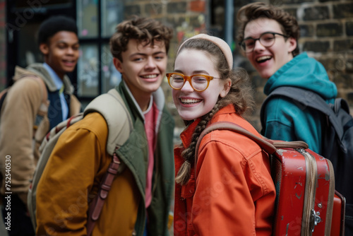A group of young people are smiling and posing for a picture. One girl is wearing glasses and a red jacket