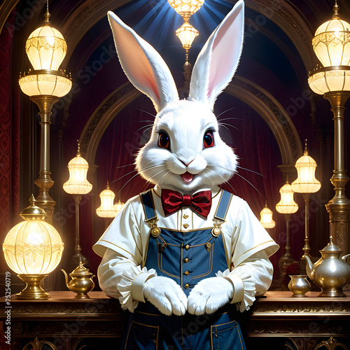 Rabbits with long ears have been a staple in Victorian-themed literature and art, often depicted wearing fancy clothing like waistcoats and top hats. In more rural settings, rabbits can be seen sporti photo