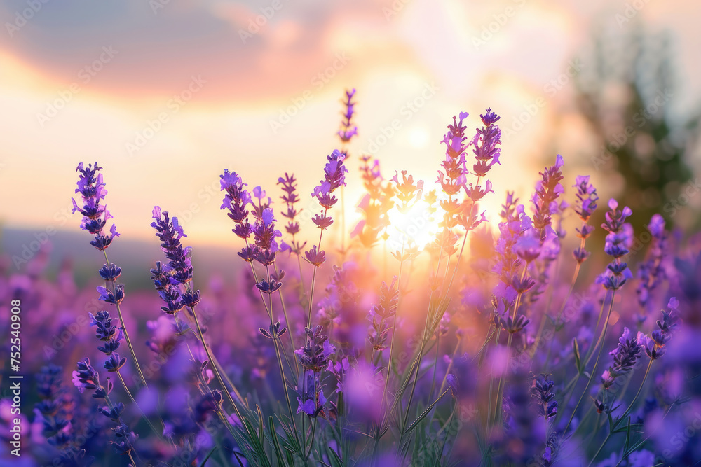 Naklejka premium A field of purple flowers with the sun shining on them