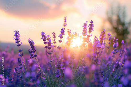 A field of purple flowers with the sun shining on them