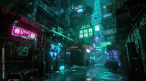 Cyberpunk Alleyway Stage: Dystopian metropolis with this gritty stage, lined with neon signs, flickering holograms, and industrial scaffolding, immersing guests in the cyberpunk aesthetic of a futuris © Lila Patel