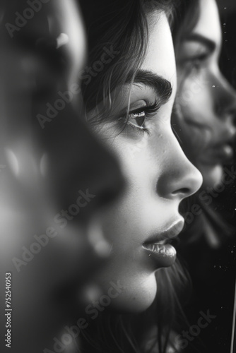 A woman's face is shown in a black and white photo. The photo has a moody and dramatic feel to it
