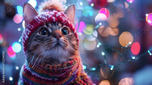 Na obrazie przedstawiono uroczego kota, który nosi czapkę i szalik robione na drutach. Kot wygląda schludnie i przytulnie w swoim ciepłym stroju.