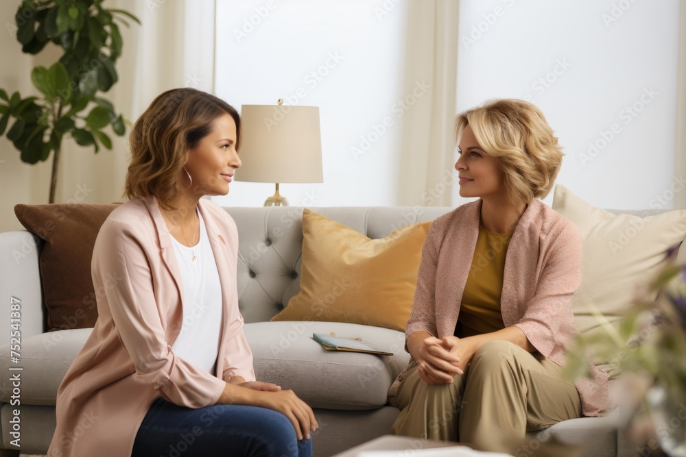 Beautiful young woman is getting professional help through a conversation with a shrink. A female client is sitting in a doctor's office with a psychotherapist and discussing problems with her.