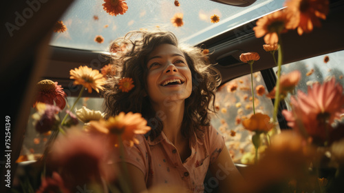 Cheerful, happy, and surprised girl with curly hair in a car filled with fresh flowers, in daylight, with warm, soft, and vibrant colors.