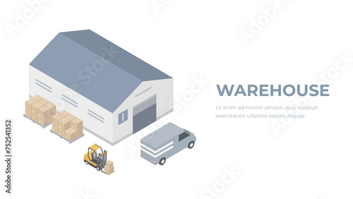 Isometric flat 3D concept vector warehouse outside. The boxes are on the shelves.