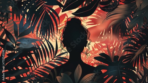 W ciemnościach widać wyraźnie sylwetkę kobiety, która jest otoczona bujną roślinnością tropikalną, tworząc kontrast na tle liści.
