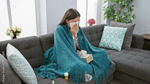 A sick woman covers her face with a tissue while sitting on a couch under a blanket with medication nearby, depicting illness at home. photo