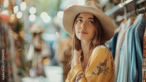 Młoda piękna kobieta w kapeluszu patrzy rozmarzona w górę w sklepie odzieżowym, myśli o przyszłości.