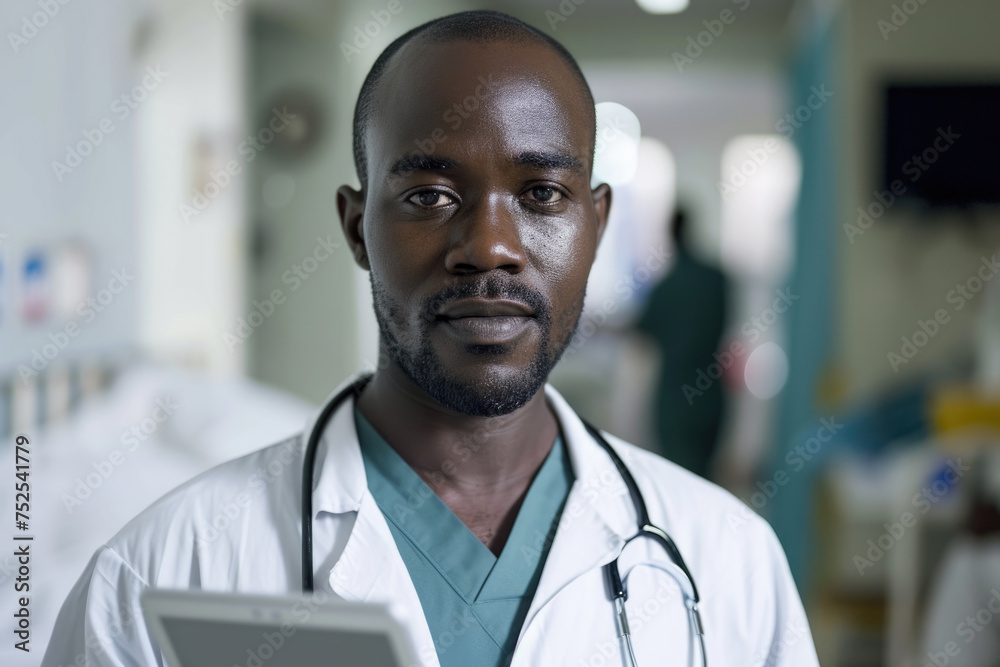 A man wearing a white lab coat and green scrubs is standing in a hospital room. He is holding a tablet in his hand A man wearing a white lab coat and green scrubs is standing in a hospital room. He is holding a tablet in his hand